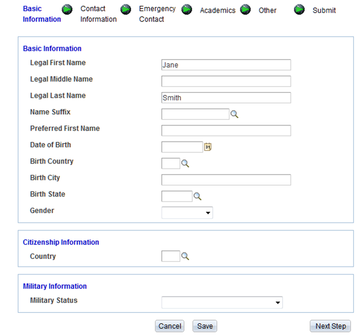 One of the six pages for application data entry