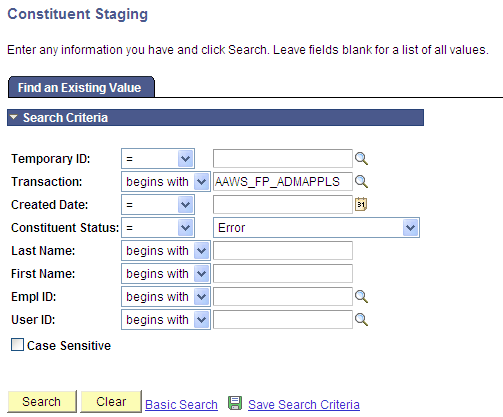 Example of searching for transactions with an error