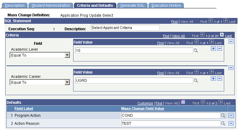 Criteria and Defaults page