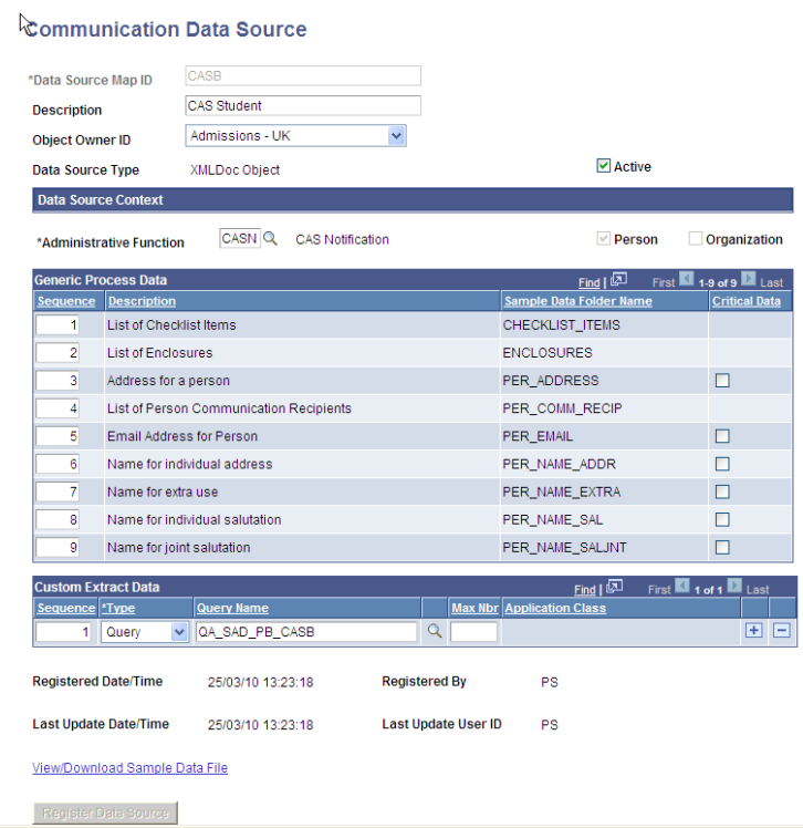 Communication Data Source page for CASB (Confirmation of Acceptance of Studies Number notifications to continuing students)