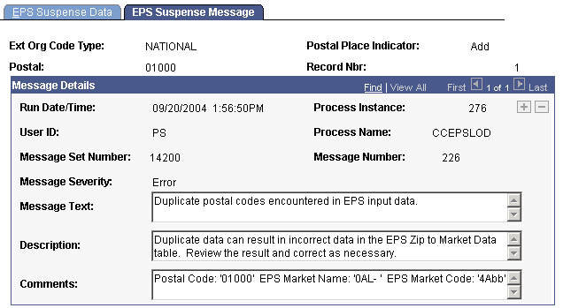 EPS (Enrollment Planning Service) Suspense Message page