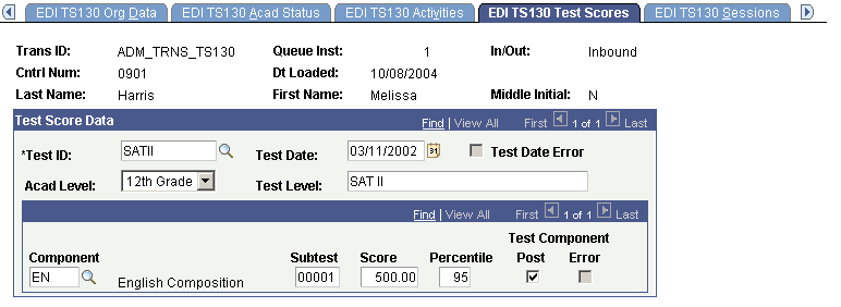 EDI (electronic data interchange) TS130 (Transaction Set 130) Test Scores page