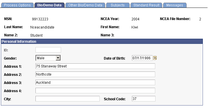 Bio/Demo (biographical/demographic) Data page