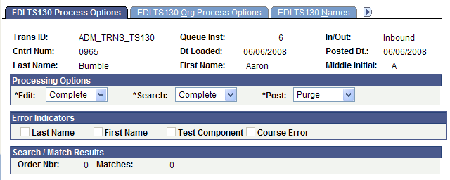EDI (electronic data interchange) TS130 (Transaction Set 130) Process Options page