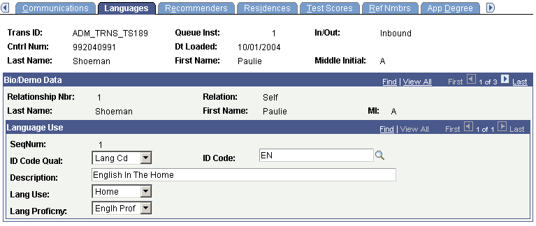 TS189 (Transaction Set 189) Staging - Languages page