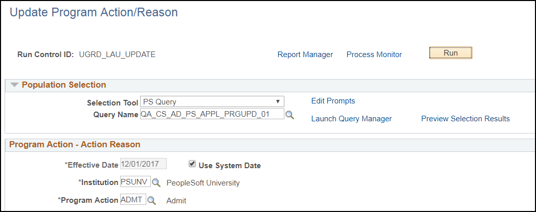 Update Program Action/Reason page