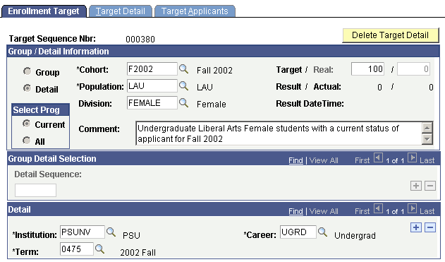 Enrollment Target page