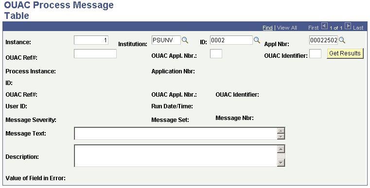 OUAC (Ontario Universities Application Center) Process Message Table page