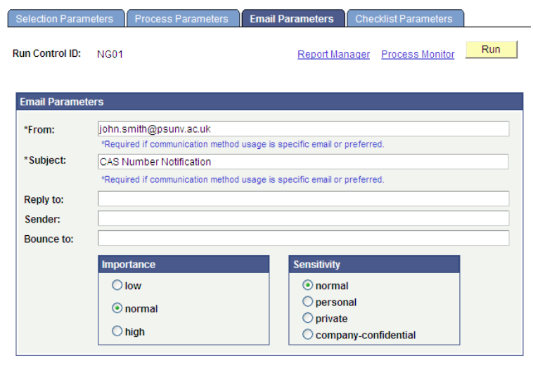 Email Parameters page