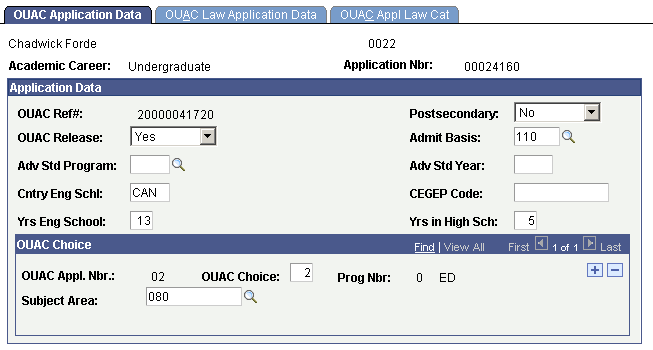 OUAC (Ontario Universities Application Center) Application Data page