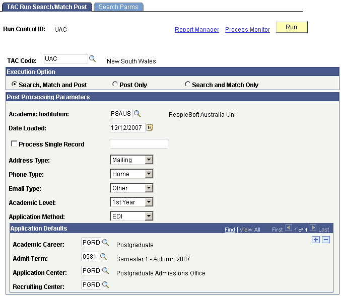 TAC (Tertiary Admissions Centre) Run Search/Match Post page