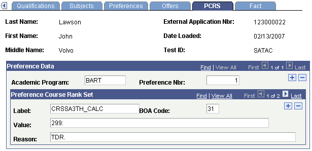 PCRS (Preference Course Rank Set) page