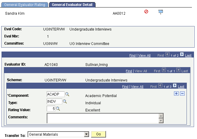 General Evaluator Detail page