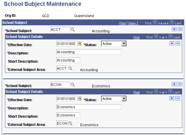 School Subject Maintenance page (1 of 2)