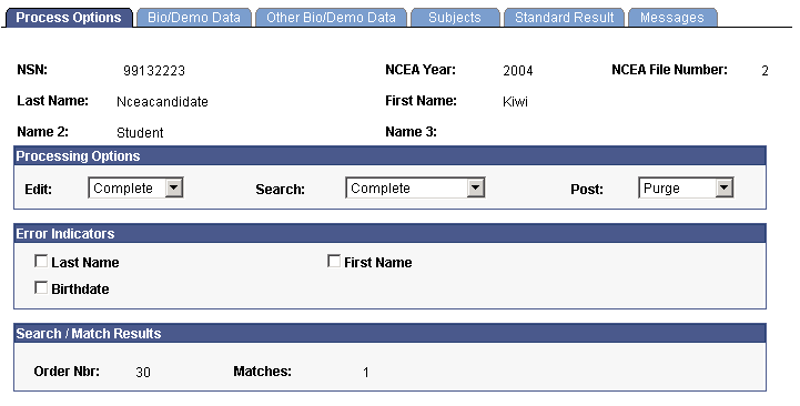 Process Options page