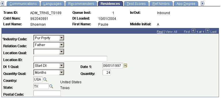 TS189 (Transaction Set 189) Staging - Residences page