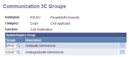 Communication 3C (communications, comments, and checklists) Groups page for CASA (Confirmation of Acceptance of Studies Number notifications to applicants)