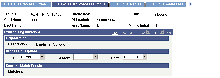 EDI (electronic data interchange) TS130 (Transaction Set 130) Org (organization) Process Options page