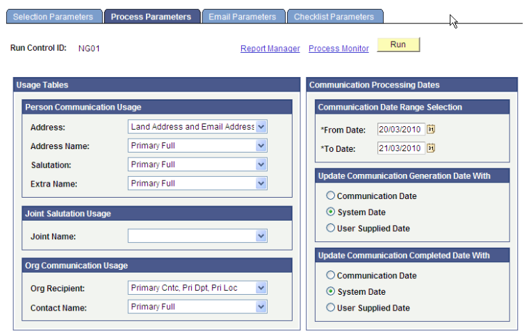 Process Parameters page (1 of 2)