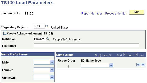 TS130 (Transaction Set 130) Load Parameters page