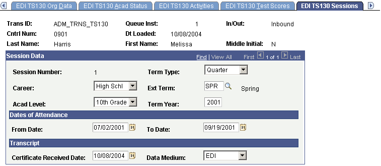 EDI (electronic data interchange) TS130 (Transaction Set 130) Sessions page