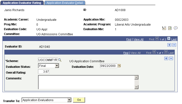 Application Evaluator Rating page