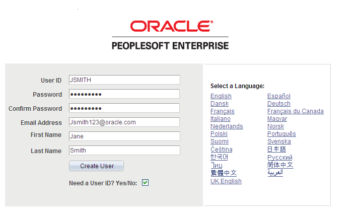 New User Registration Tester page with the filled out user registration fields