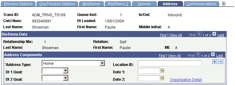 TS189 (Transaction Set 189) Staging - Address page