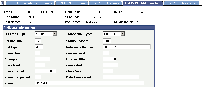 EDI (electronic data interchange) TS130 (Transaction Set 130) Additional Info (information) page
