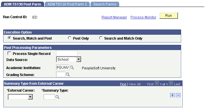 ADM (admissions) TS130 (Transaction Set 130) Post Parm (parameters) page