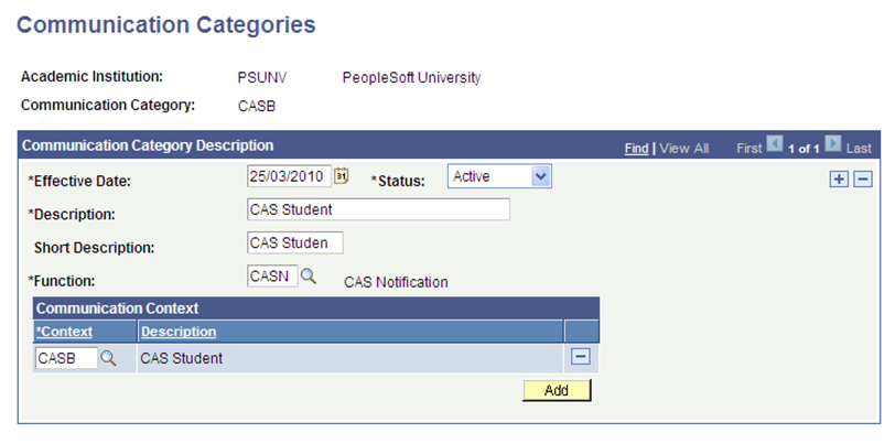 Communications Categories page for CASB (Confirmation of Acceptance of Studies Number notifications to continuing students)
