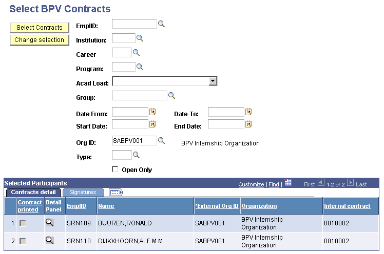 Select BPV (Beroepspraktijkvorming) Contracts page: Contracts Detail tab