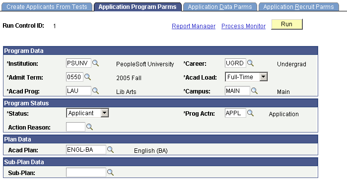 Application Program Parms page