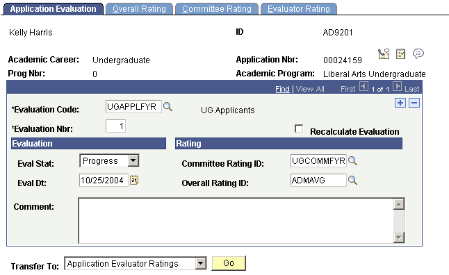 Application Evaluation page
