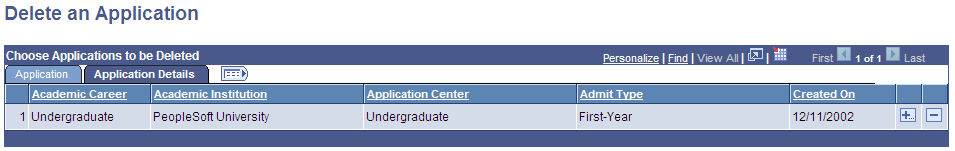 Delete an Application page: Application Details tab