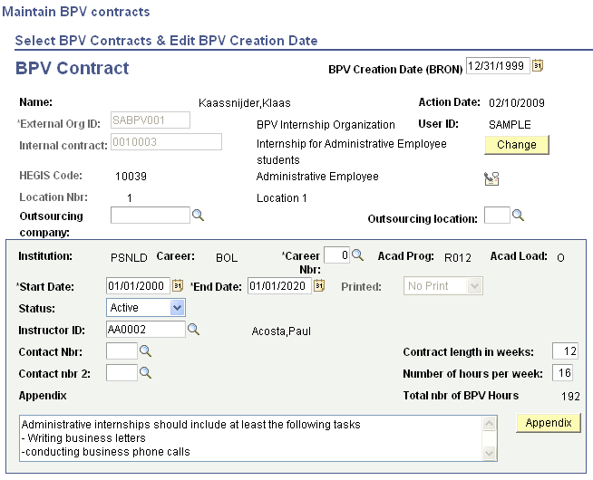 Maintain BPV (Beroepspraktijkvorming) contracts page