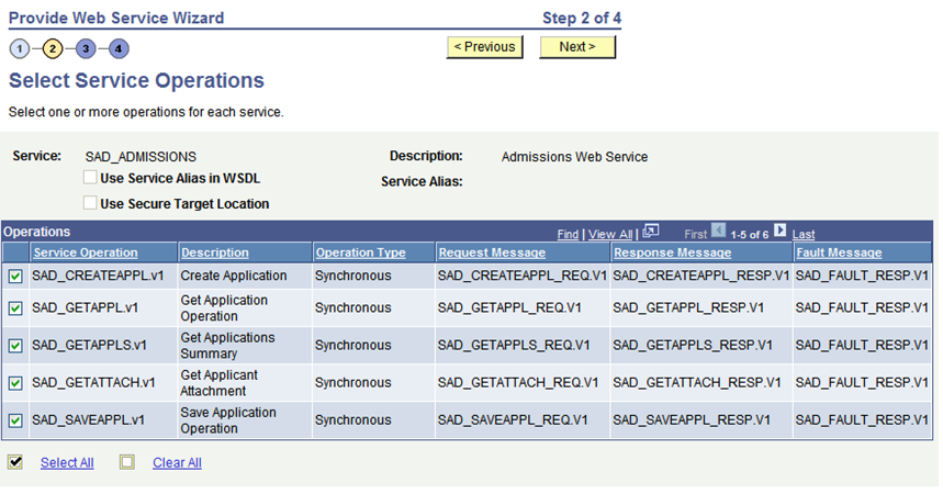 Select Service Operations page