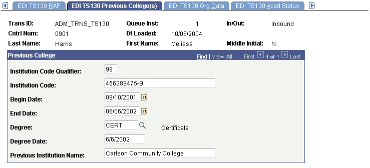 EDI (electronic data interchange) TS130 (Transaction Set 130) Previous College(s) page