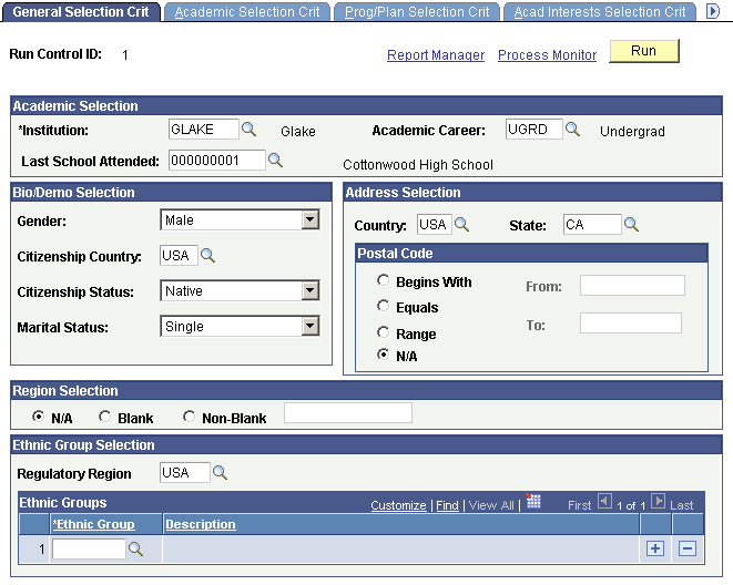 General Selection Crit (criteria) page