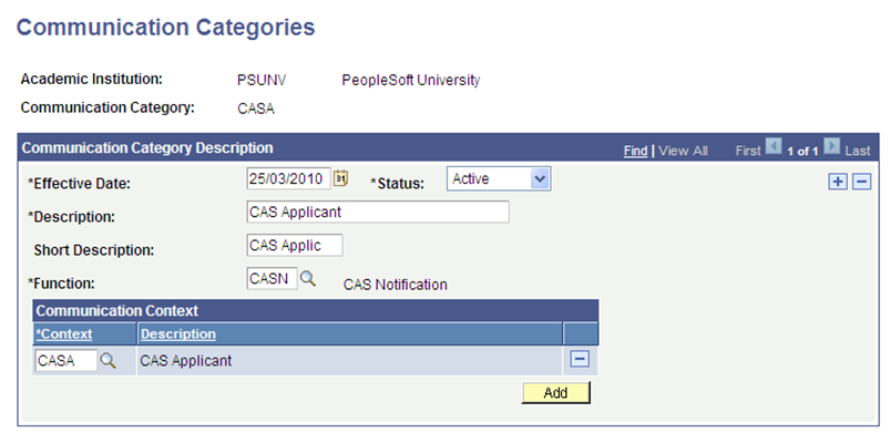 Communications Categories page for CASA (Confirmation of Acceptance of Studies Number notifications to applicants)