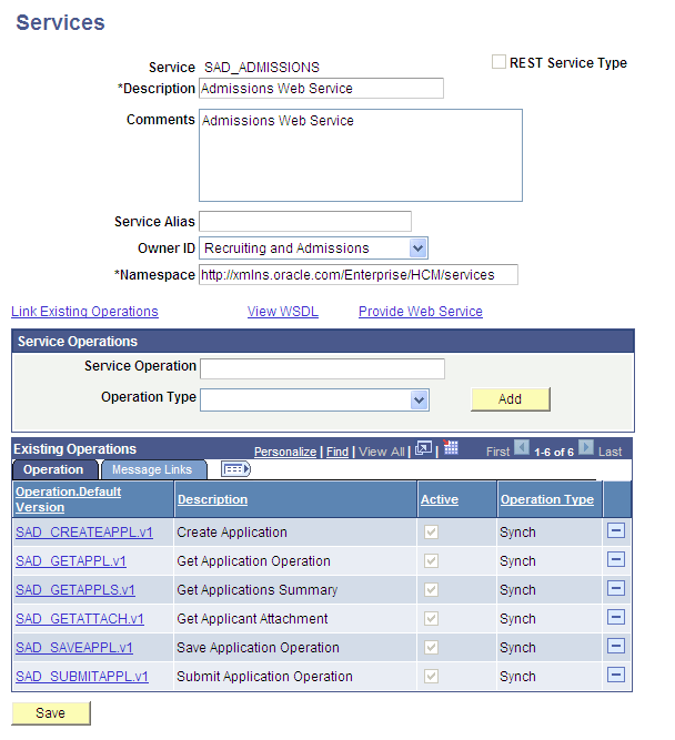 The six service operations of SAD_ADMISSIONS service