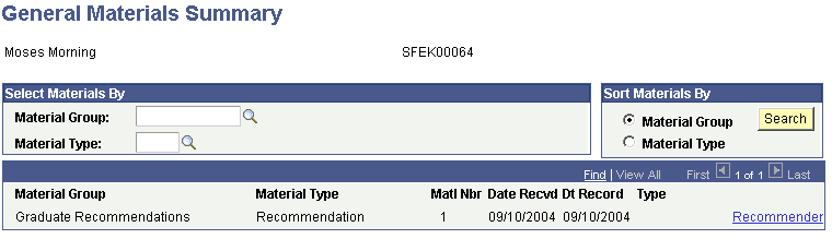 General Materials Summary page