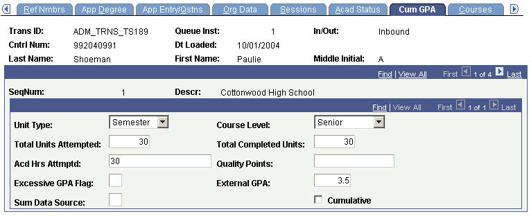 TS189 (Transaction Set 189) Staging - Cum GPA (grade point average) page