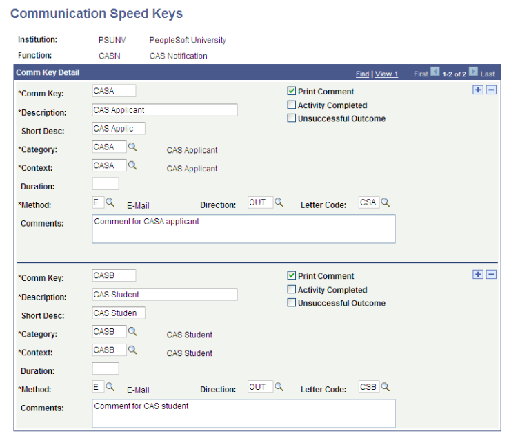 Communications Speed Keys page for CASA (Confirmation of Acceptance of Studies Number notifications to applicants) and CASB (Confirmation of Acceptance of Studies Number notifications to continuing students)
