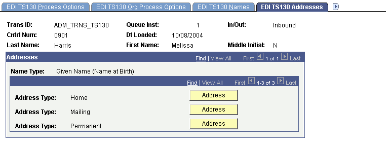 EDI (electronic data interchange) TS130 (Transaction Set 130) Addresses page
