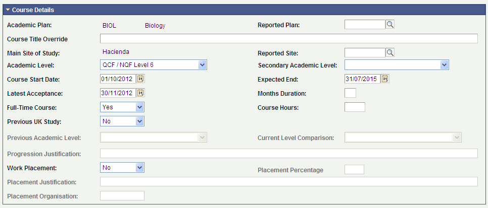 Course Details region - CAS (Confirmation of Acceptance of Studies) Details page