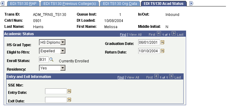EDI (electronic data interchange) TS130 (Transaction Set 130) Acad (academic) Status page