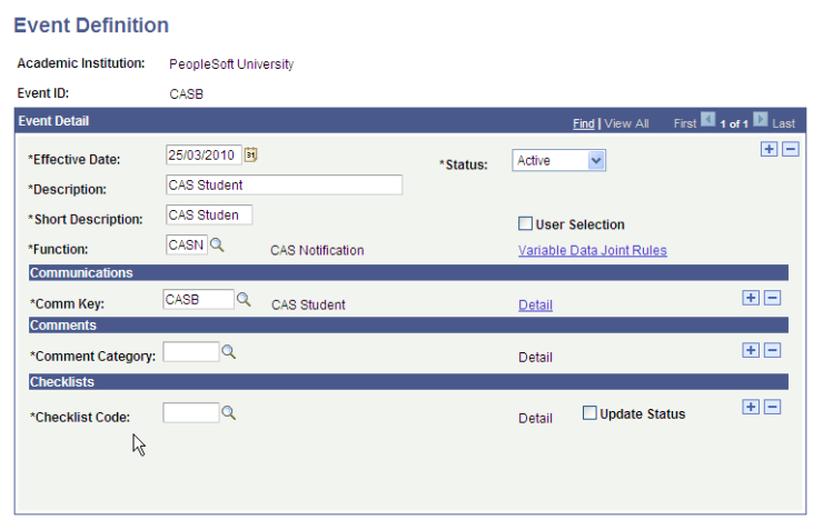 Event Definition page for CASB (Confirmation of Acceptance of Studies Number notifications to continuing students)