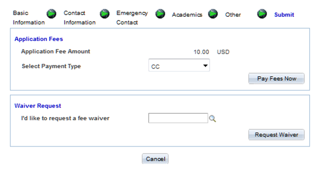 Fee/Waiver page (Paying Application Fees)