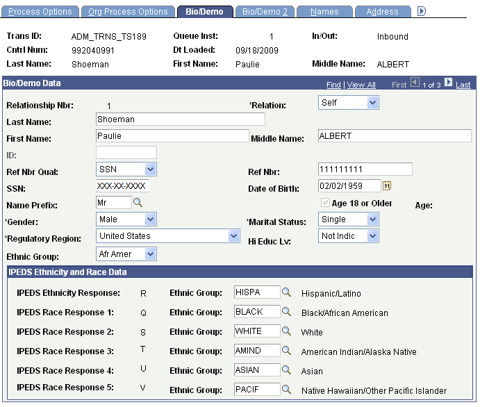 Bio/Demo (biographical/demographic) page